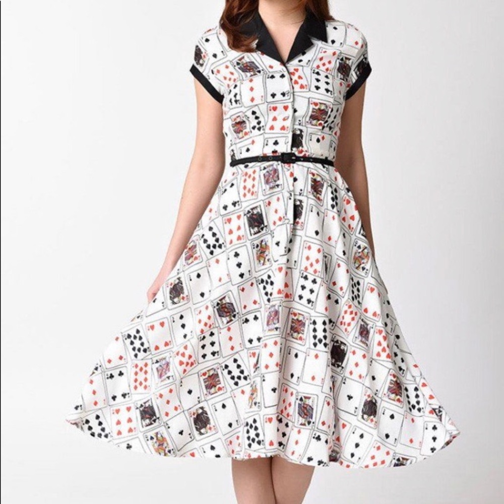 Unique Vintage Alexis Swing Dress, Card Deck Print